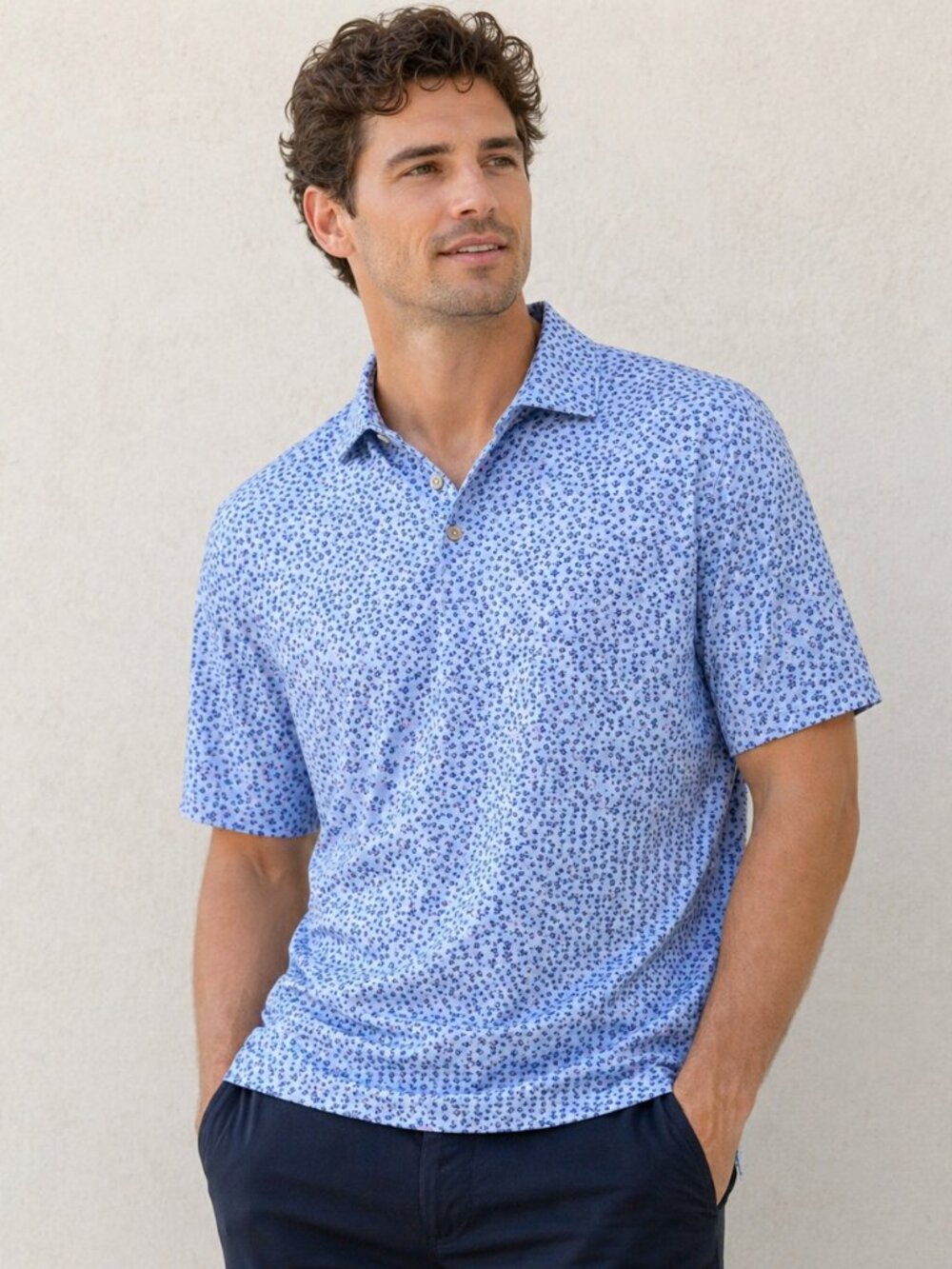 Peter Millar Summer Comfort Blue Fish Print Performance Polo Shirt Men’s Golf